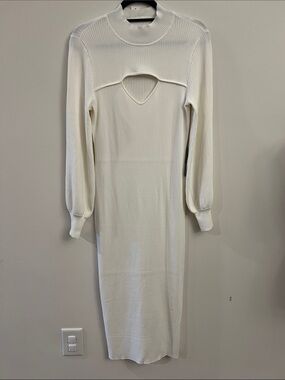 New York & Company Cream Ribbed Long-Sleeve Midi Dress with Cutout Detail